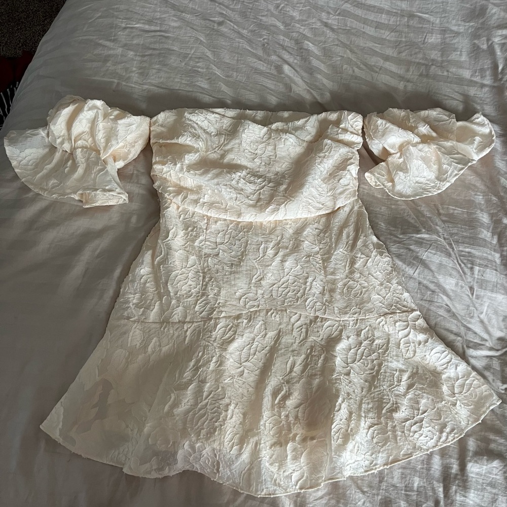 Lulu’s Humble Heart Cream Jacquard off-the-shoulder mini dress